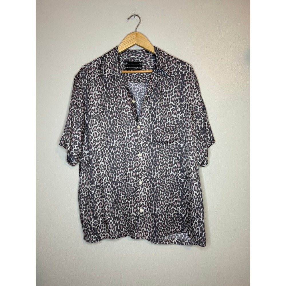 AllSaints Cult SS Shirt Mens XL‎ Relaxed Fit Leopard Animal Print Button Up Pink